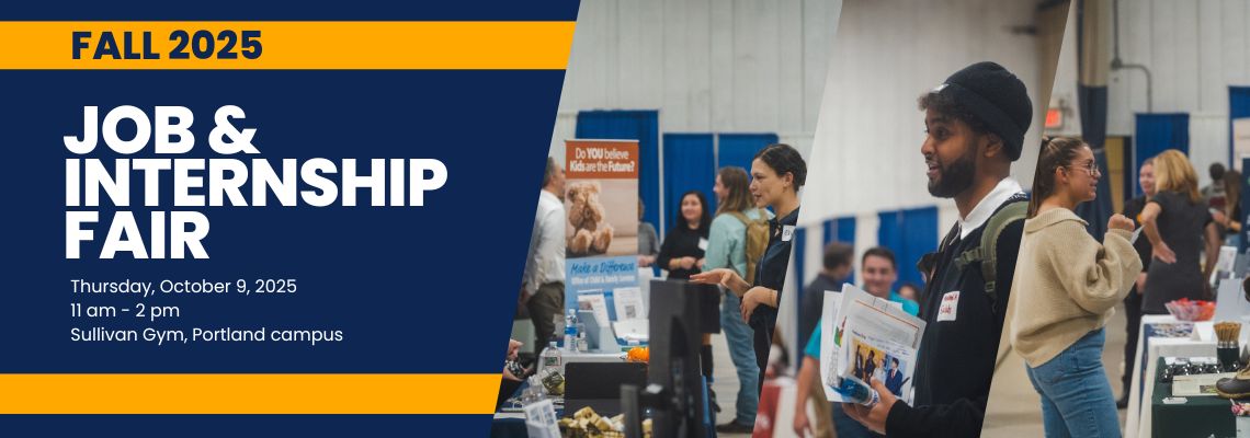 Fall 2025 Job & Internship Fair. Thursday October 9, 2025, 11am-2pm. Three images of students at the Job & Internship Fair talking with representatives.