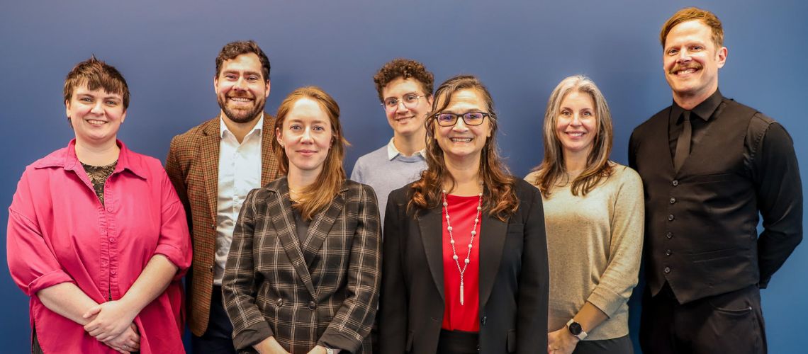 Group photo of the Career Hub Team, from left: Allie Norton, Andy Osheroff, Lindsey Freeman, Jules Guerra, Stacy Stewart, Whitney Duchaine, Peter Hofmann.