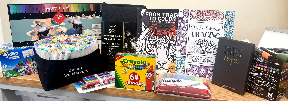 Makerspace materials include markers, crayons, and many more creative materials.