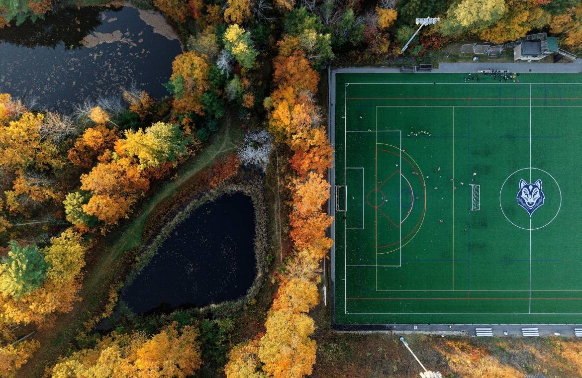 Aerial photo of Gorham Campus and the soccer field.