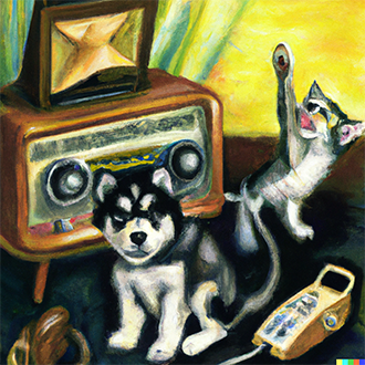 A painting of a husky dog and a cat near a radio listening to WMPG of course