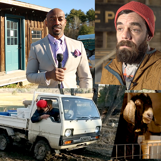 stills from student CMS Field Video class, a farmer, goat, and student correspondent