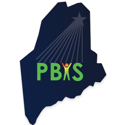 Logo for Maine PBIS navy blue state of Maine shape with a shooting star and PBIS in green. The I is a person holding their arms in the air.