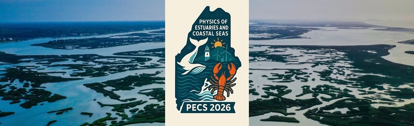 The Physics of Estuaries and Coastal Seas Logo in front of an image of an estuary