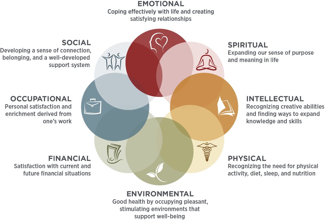Diagram of overlapping circles labeled emotional, spiritual, intellectual, physical, environmental, financial, occupational, and social.