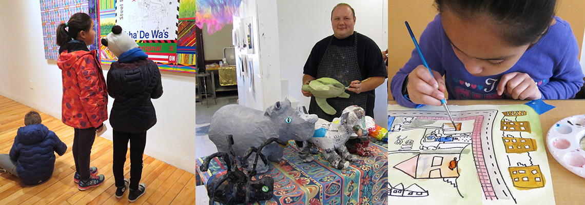 L-R: Children viewing Art Exhibition, Art Ed. student with children's papermache animals, Child coloring her drawing with watercolor