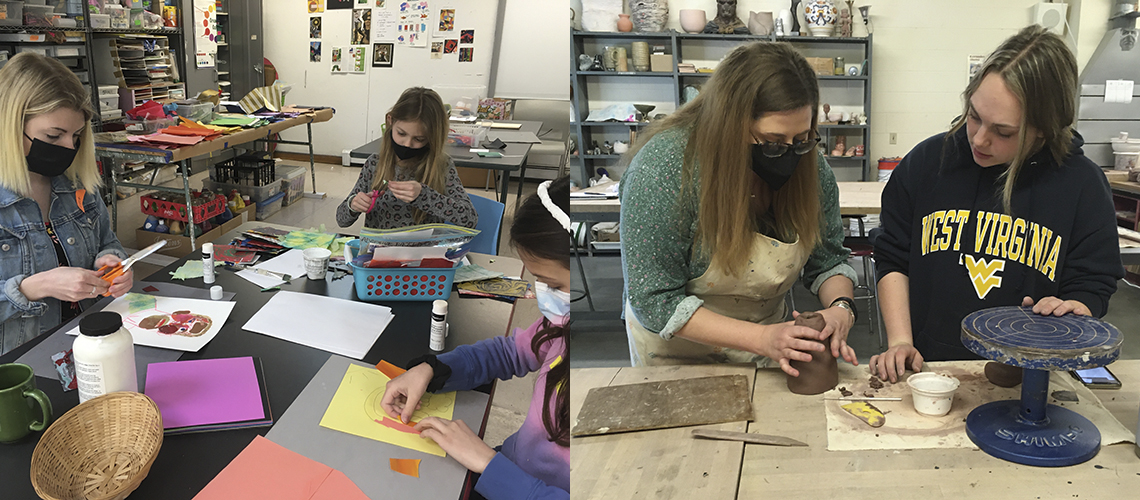 L-R: Art Ed student cutting and pasting paper with young students, Art Ed student helping high school student with ceramics.