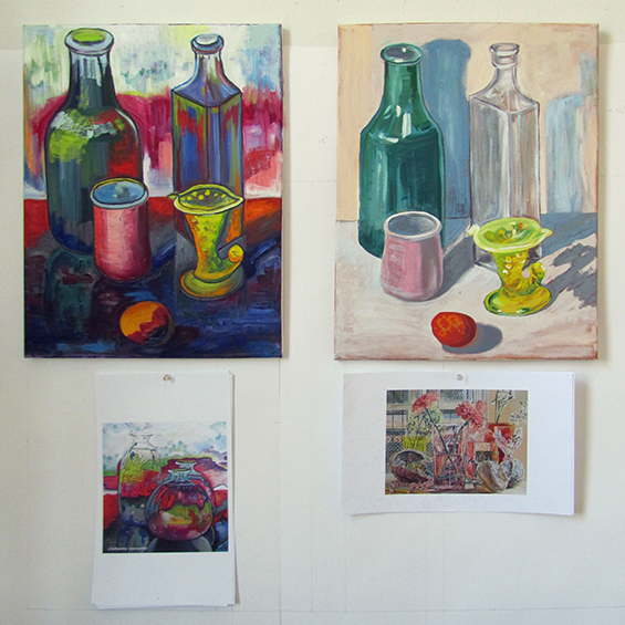 Two paintings of bottles and glassware by student Anna Garenenko above two prints of artists' still-lifes as palette inspiration.