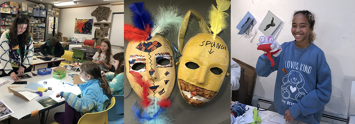 3-Images from Art Lab-L-R: Art Ed student instructs children, mask project, girl with puppet.