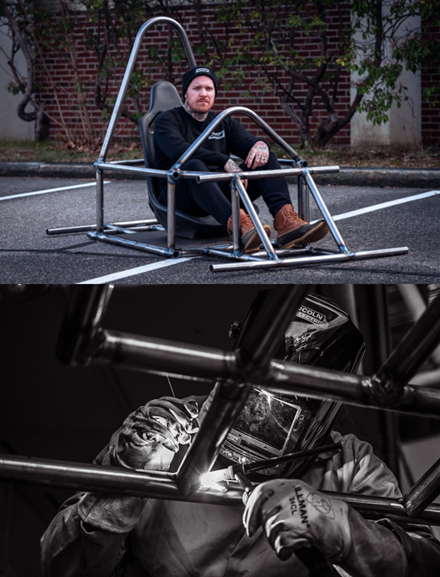 Two images: on the top is a student in a parking lot sitting inside what appears to be the a metal frame for a race car. The bottom is a black and white image of a person welding metal pipes together while wearing protective gloves and a helmet and face shield.