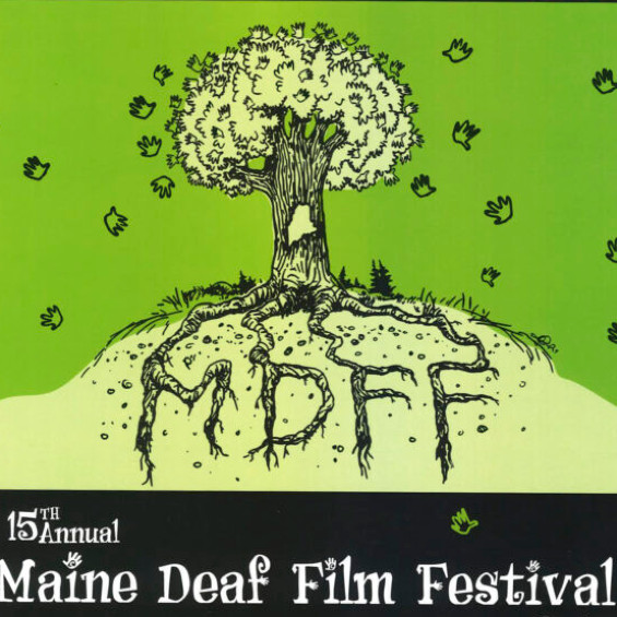 An illustration from the poster for MDFF 2017. The illustration shows a tree on hill against a green background. The tree's leaves are illustrated as the outlines of human hands and the trunk of the tree has the silhouette of the state of Maine drawn into it. The tree's roots are visible in the hill and they spell out "MDFF". The text at the bottom of the image reads "15th Annual Maine Deaf Film Festival".