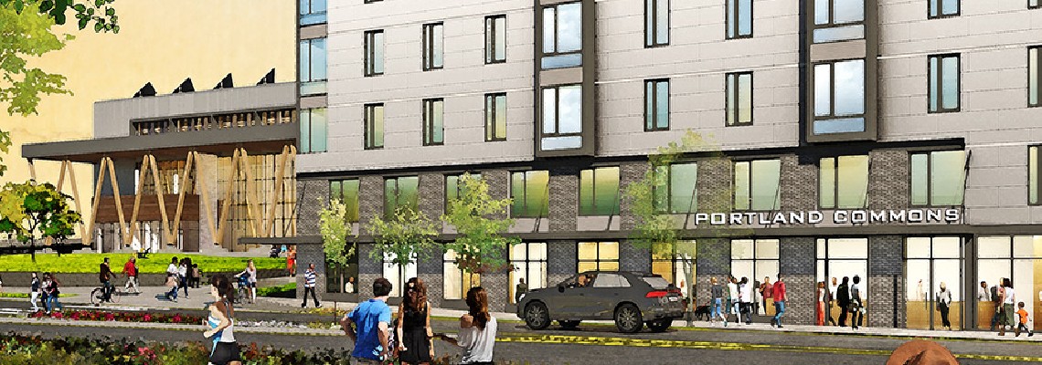 A rendering of the future Portland Commons Residence Hall (right), when viewed from the Wishcamper Center on Bedford St.