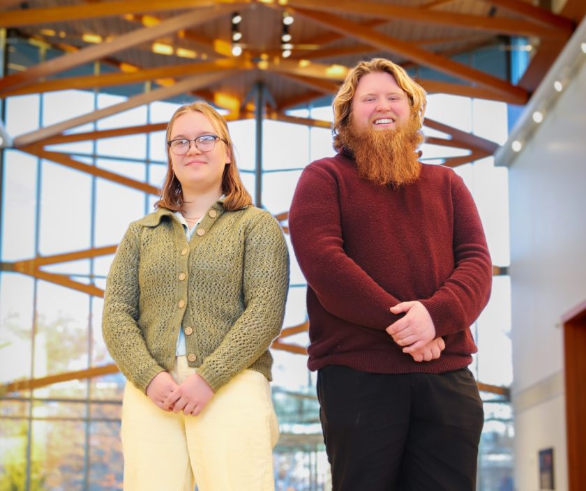 Soleil Haung-Dale and Dex Tremblay in the crewe center of the arts.