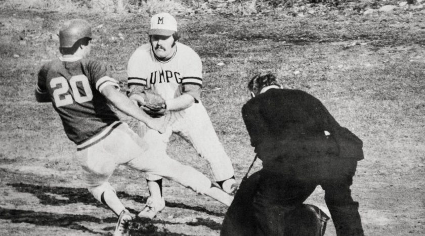 Al Bean playing college baseball - black and white image.