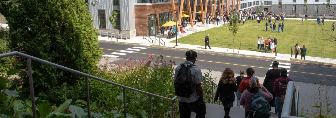 students walking toward McGoldrick Center