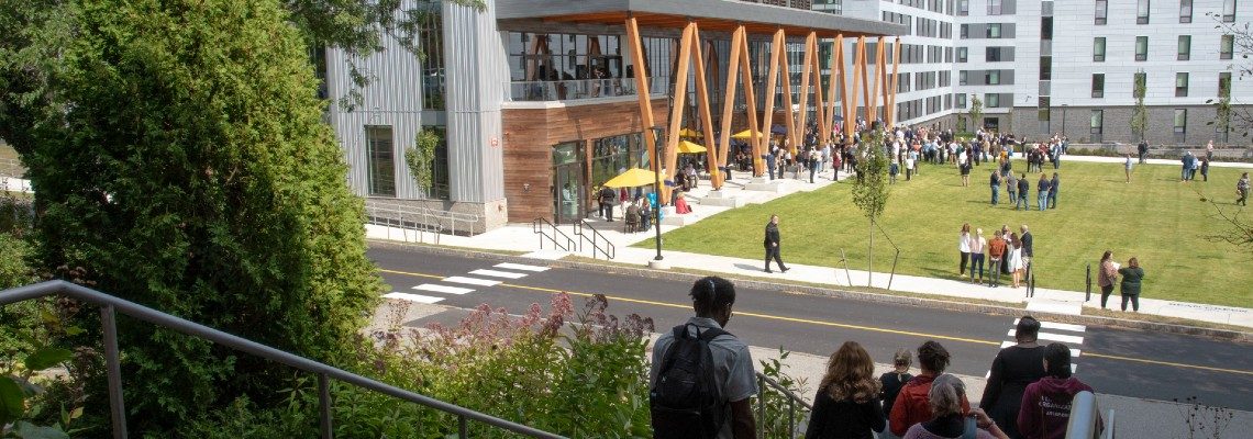 students walking toward McGoldrick Center