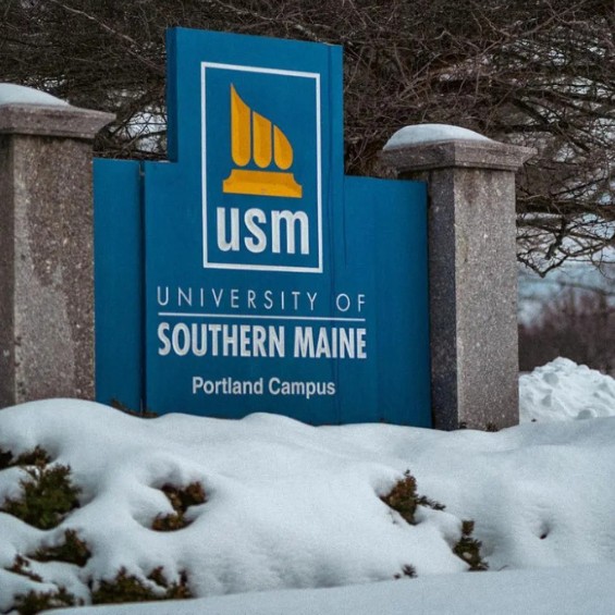 photo of USM Portland campus entrance gates in the snow