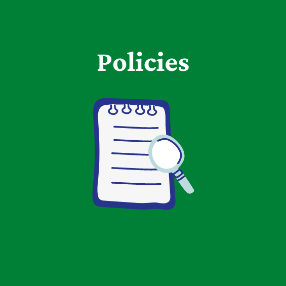 Green background, with the word "policies" written in white. Graphic art image of a piece of paper and magnifying glass.
