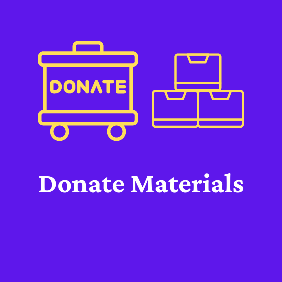 Purple background, white lettering "Donate Materials." Yellow graphic art images of archival boxes.