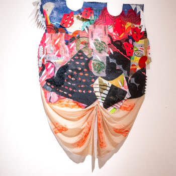 Jackie Milad, She Goes Ancient 1, 2023. Mixed media collage on canvas, 52 1/2 x 38 1/2 in. Installation view, Embodying Softness/Excavating Delight, 2023. University of Southern Maine Art Gallery, Gorham, Maine. Photo: Jack Stolz.