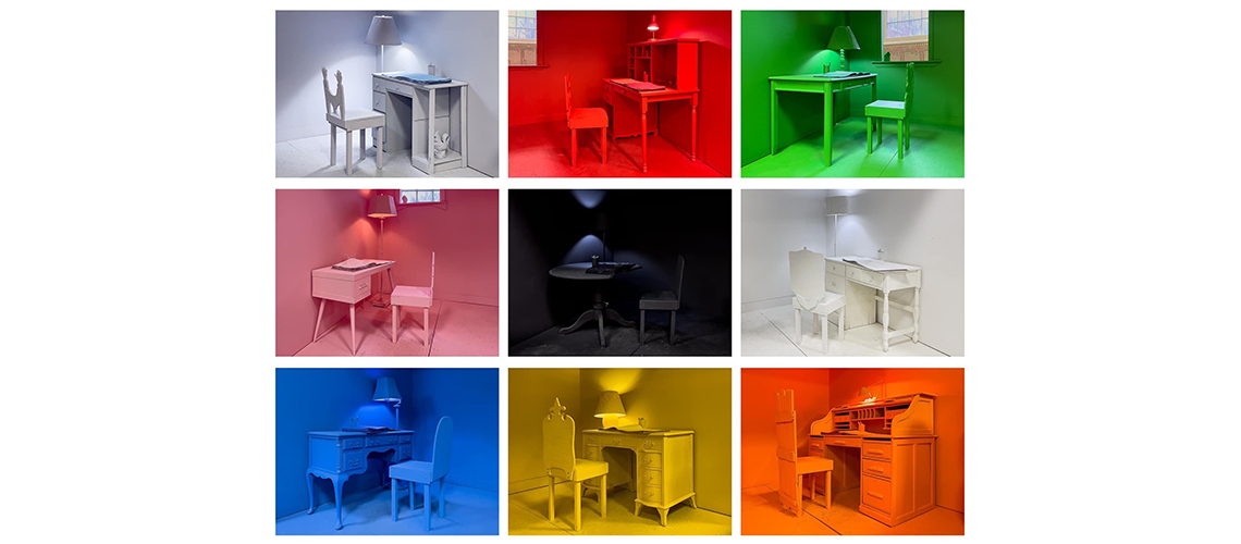 A 3x3 grid of images of different rooms. Each room has a desk, chair, and lamp. Each room is color coordinated to a particular color.