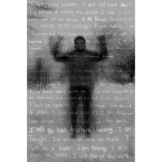 An image of a shadowy, blurry silhouette of a person with their arms raised. White writing is over the photograph.