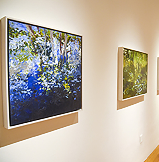 An image of a gallery with paintings on the wall. The painting in the foreground at left seems to be leafy reflections on blue water.