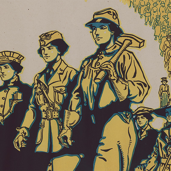 An image of a print of women drawn in yellow. They are each wearing a military uniorm.