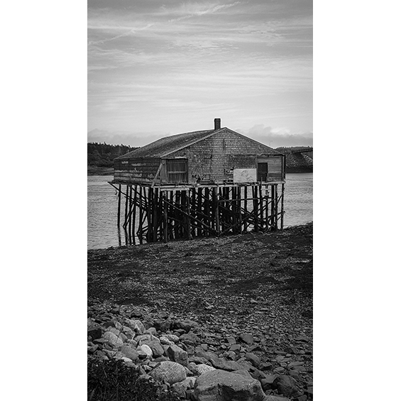 An image of a dilapidated house on stilts near water. The photograph is black and white.