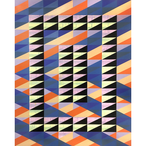 An abstract painting composted of overlapping geometric triangles. The background is an ever expanding left-pointing arrow. The foreground has a rectangular frame with a center vertical rectangle, also all composed of triangles.