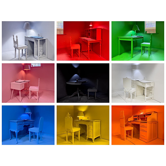 A 3x3 grid of images of different rooms. Each room has a desk, chair, and lamp. Each room is color coordinated to a particular color.