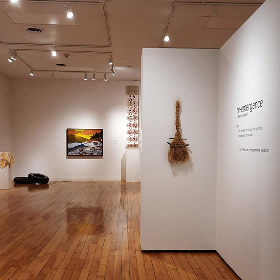 An image of a broom hanging on a gallery wall. it is small and handmade. A painting of a mountain sunset is in the background, and tires in the corner.