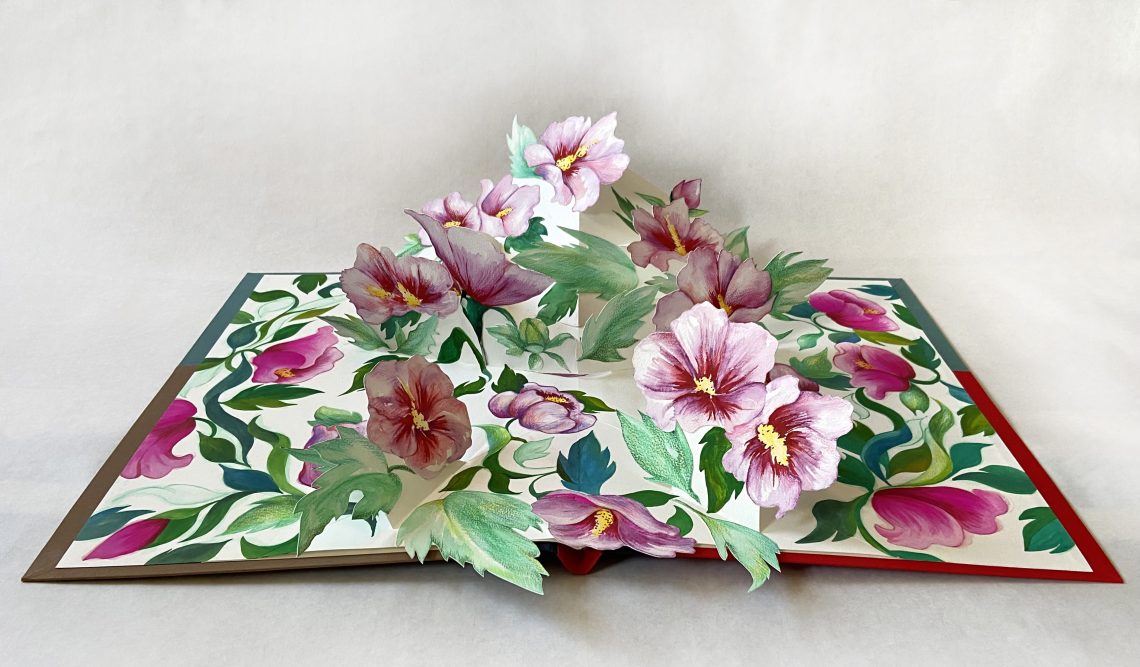 Annie Lee-Zimerle, Mugunghwa (Rose of Sharon), 2022. Pop-up book: watercolor and crayon on paper, book board, and cloth
18 1/2 x 28 x 7 3/4 in. high (open), 18 1/2 x 14 in. (closed)