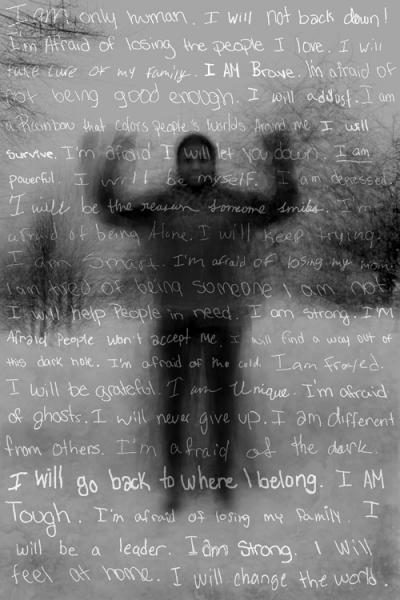 An image of a shadowy, blurry silhouette of a person with their arms raised. White writing is over the photograph.