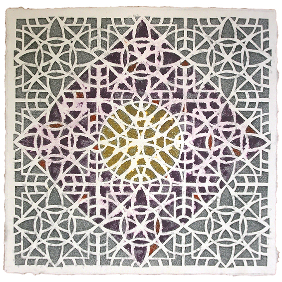 An image of an intricate papercut overlaid a geometric painted ground