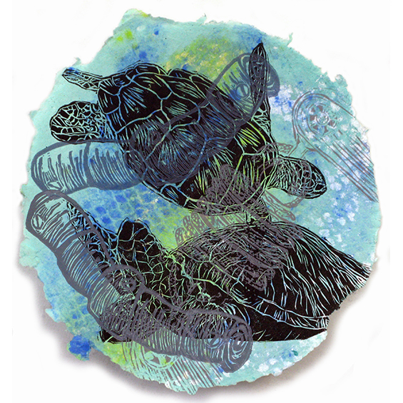An image of a print of two turtles, printed in black ink, swimming, atop a blue and green watercolor ground