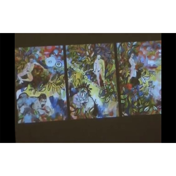 A projection of a drawing of a garden with figures in it