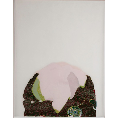 An abstract drawing that takes up the bottom half of a piece of paper. A pink orb sits in the center with what appear to be black mountains clawing up it.