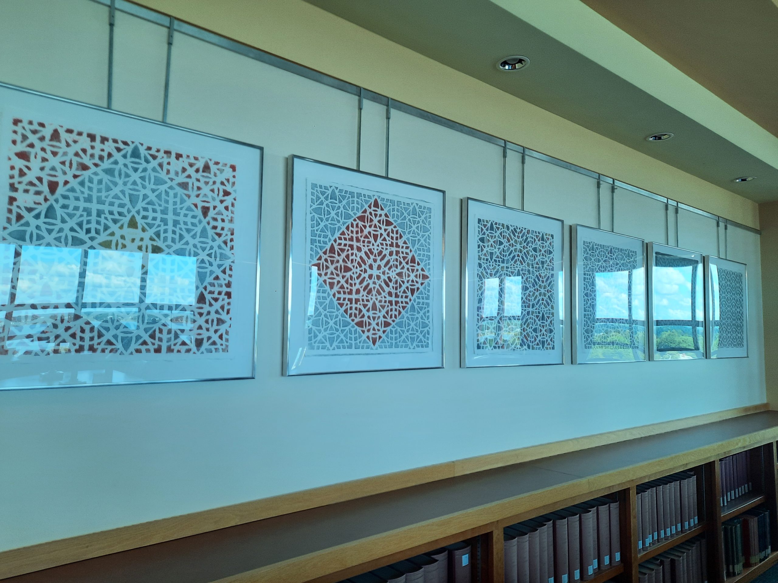 "Spray" series by artist Reni Gower, 2014. Part of "Pulped Under Pressure," 2022. Installation view, Glickman Family Library.