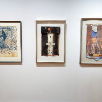 Works by Artist Kat Chenney Chappell. From left to right: "Moonbird VII: Sustenance,"
2015. Collagraph/monoprint
19 x 26 1⁄2 in.; frame: 26 1⁄2 x 34 1⁄4 in. "Requiem," 2009. Mixed media (monoprint printmaking; collage; bamboo tines; porcupine quills) 15 x 24 in.; frame: 24 x 35 in. "Fragile Web: Thaw," 2014. Mixed media (monoprint; collage; copper leaf; pine needles; bamboo tine) 18 x 29 in.; frame: 25 x 37 in. "Hidden Stories," Installation view, 2023. University of Southern Maine Art Gallery. Photo by Kat Zagaria Buckley. 