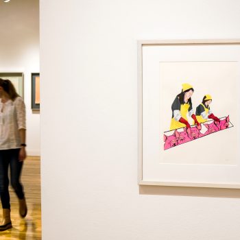Right: Annie Lee-Zimerle, "Untitled (from the Perfect Wife series)," 2017.
Screenprint on paper; 1 of 8 edition 23 x 19 in. (framed). "Hidden Stories," 2023. University of Southern Maine Art Gallery. Photo by Tricia Toms. 