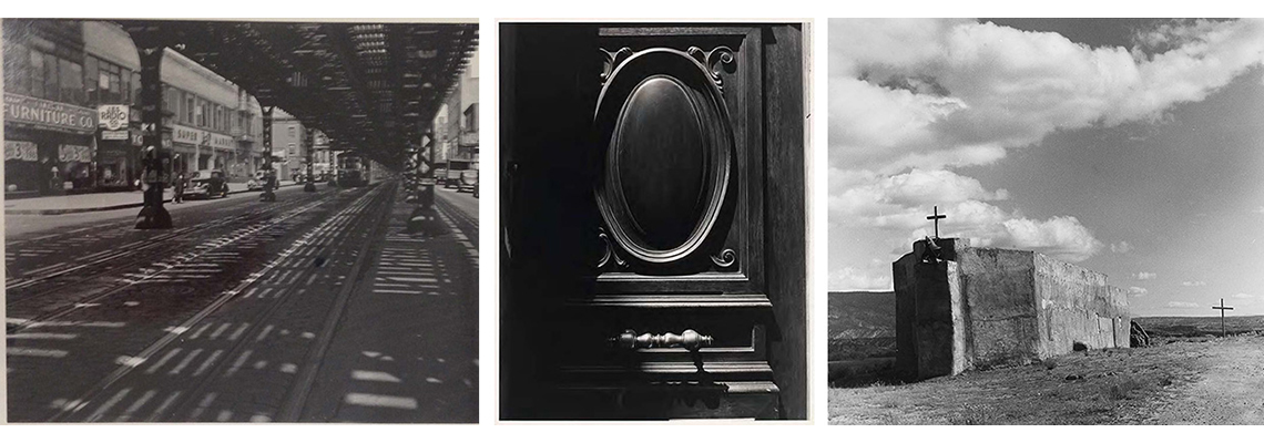 An image of three street photographs. At left, under a subway track (street level), middle: a door, right: a New Mexico landscape with a church.