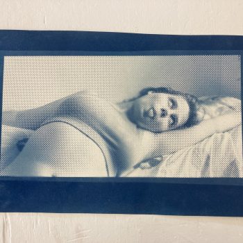 Laura Chavoustie, "Blue at Play," 2022. Cyanotype on BFK paper. 14 x 22 1/2 in.
