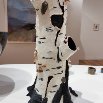 Anna Smith, "Birch Stump," 2022. Clay, underglaze, glaze. 7 in. wide x 20 in. long x 7 in. deep