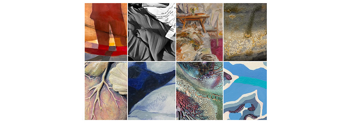 A 4 x 2 grid of eight images of details of artworks in painting, sculpture, and installation.