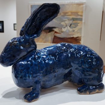 Kelly Ledsworth, "Big Blue Bunny," 2020. Stoneware with Cone 5 glaze. 11 in. wide by 21 in. long x 15 in. tall