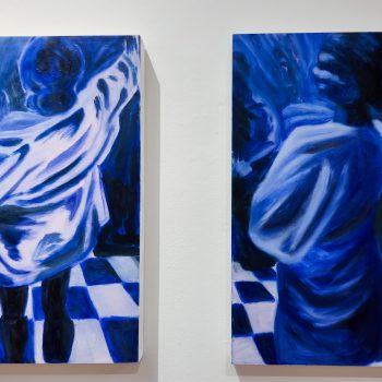 Krystal Yavicoli, "I am Her, She is Everything," 2022. Oil on wood panel. Diptych; 12 x 18 in. each