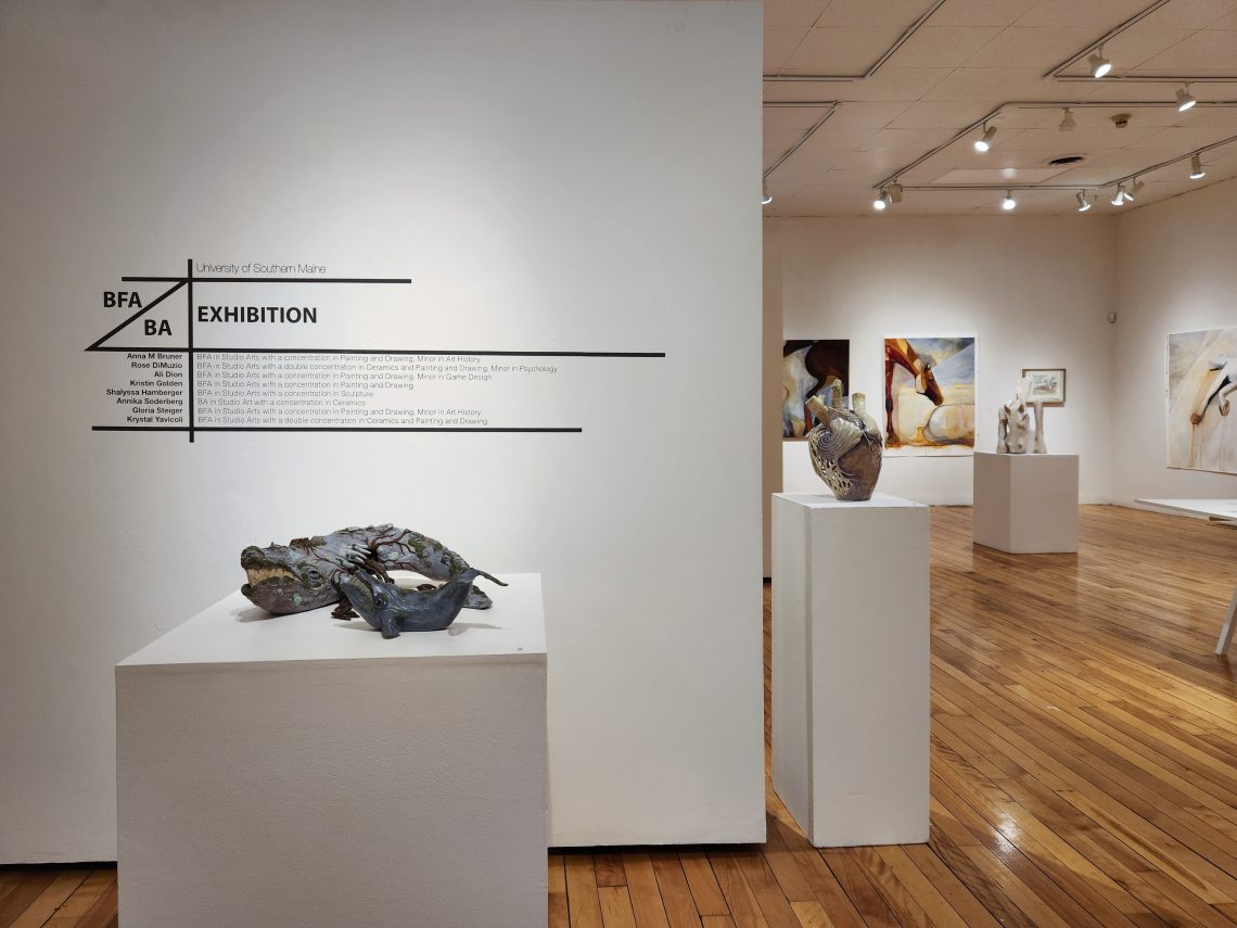 University of Southern Maine Art Gallery, "2023 Bachelor of Fine Arts and Bachelor of Arts Exhibition." Installation view.