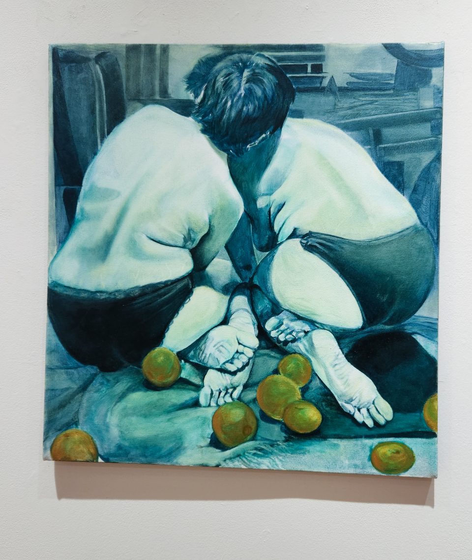 Rose DiMuzio "Acceptance, part of Marmalade series," 2023. Oil on canvas 28 x 30in. Part of the "2023 Bachelor of Fine Arts and Bachelor of Arts Exhibition," University of Southern Maine Art Gallery.