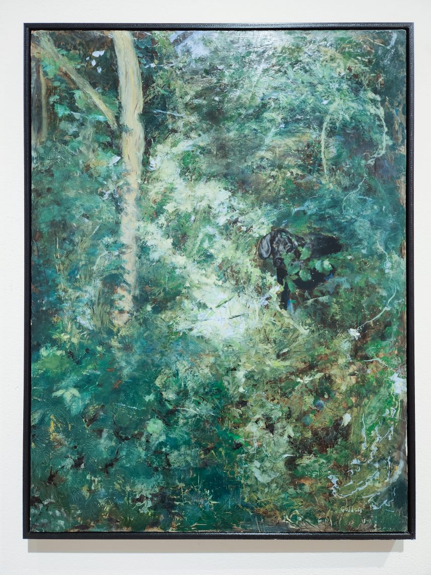 Kristin Golden "Benson Hunting," 2020. Oil paint, 19 ¾ in. x 25 ¾ in. Part of the "2023 Bachelor of Fine Arts and Bachelor of Arts Exhibition," University of Southern Maine Art Gallery.
